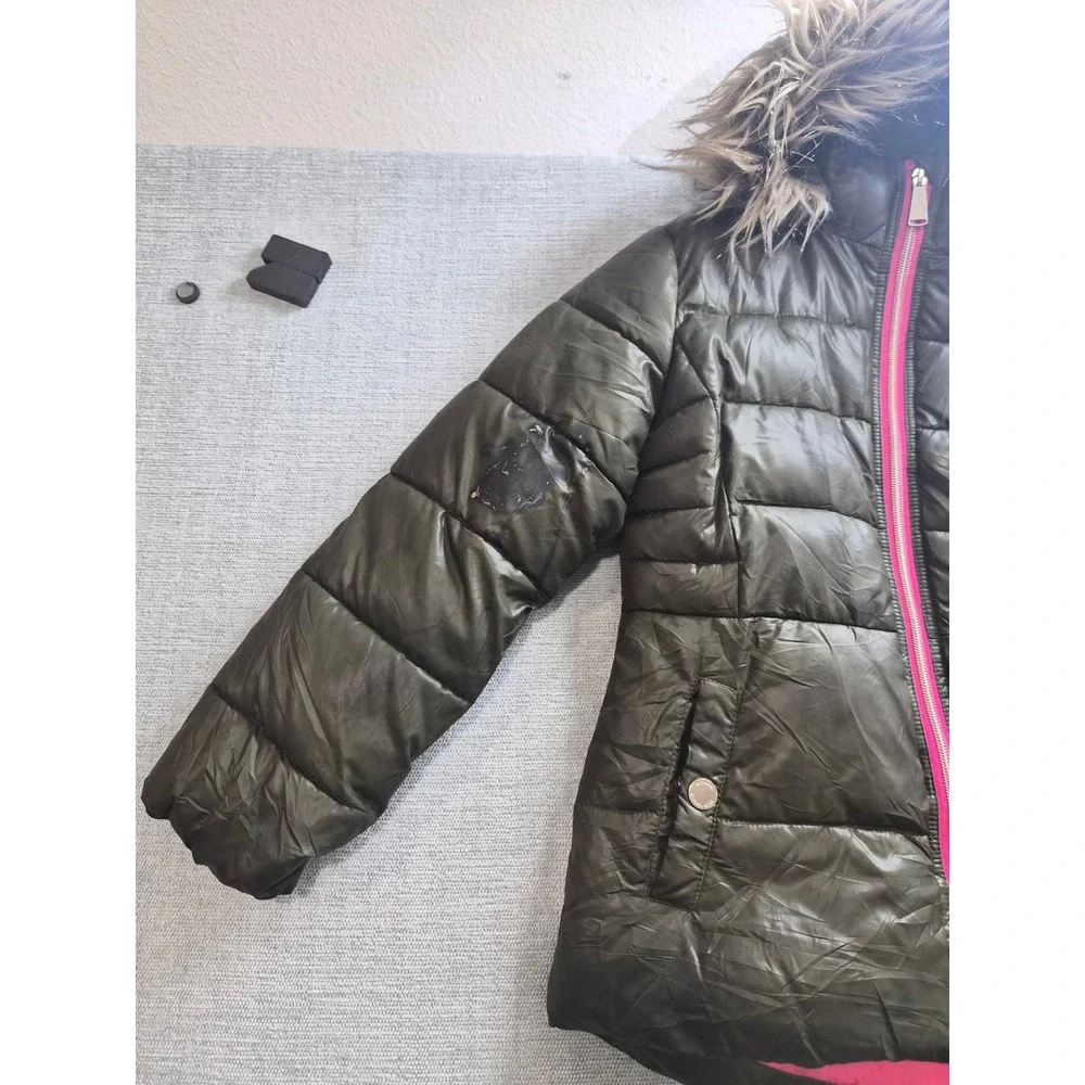 Michael Kors Puffer Jacket Girls 7/8 Black Faux Fur Hooded Full Zip Winter Wear